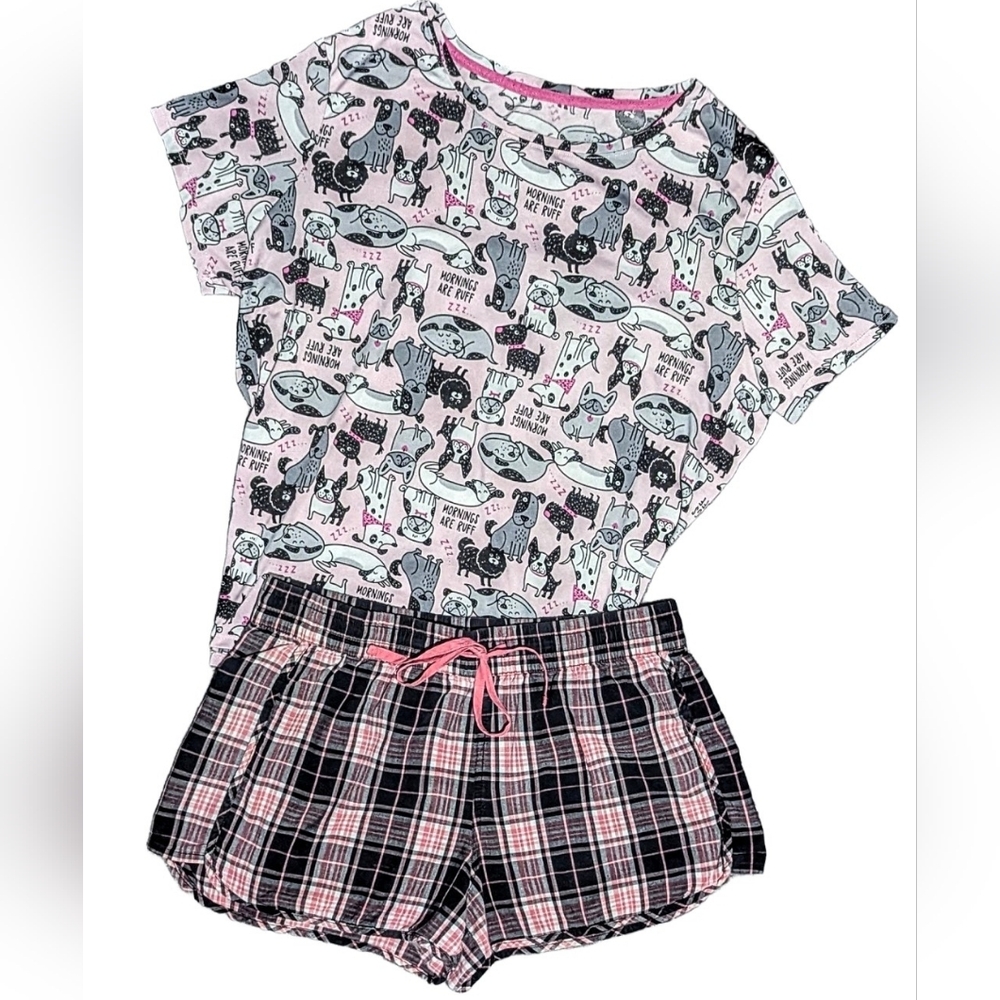 🚨3/$20! Secret Treasures Dog Print Pajama Top /Pink Plaid Sleep Shorts Set M